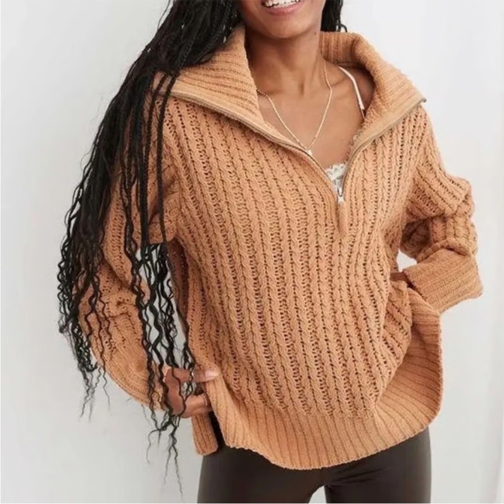 Aerie Cable Car Quarter Zip Chenille Knit Sweater Size Small